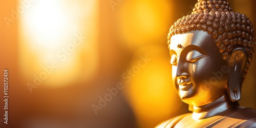 Buddha statue and golden background. Place for text. Symbol of peace and serenity. photo