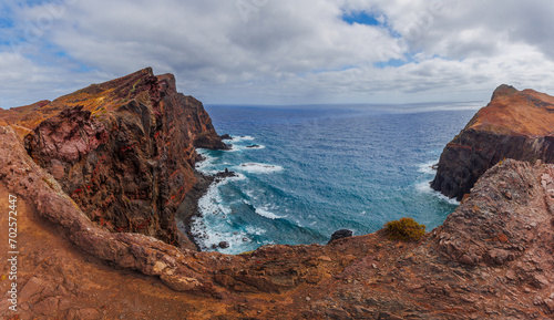 Volcanic sea cliffs of the Sao Lourenco peninsula, eastern Madeira, Portugal, Atlantic Ocean
