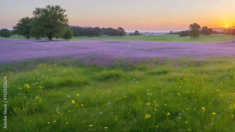 Peaceful meadow at dawn with wildflower