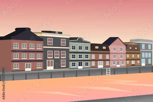 Amsterdam cityscape with ancient houses and water canals at sunset. Vector illustration.