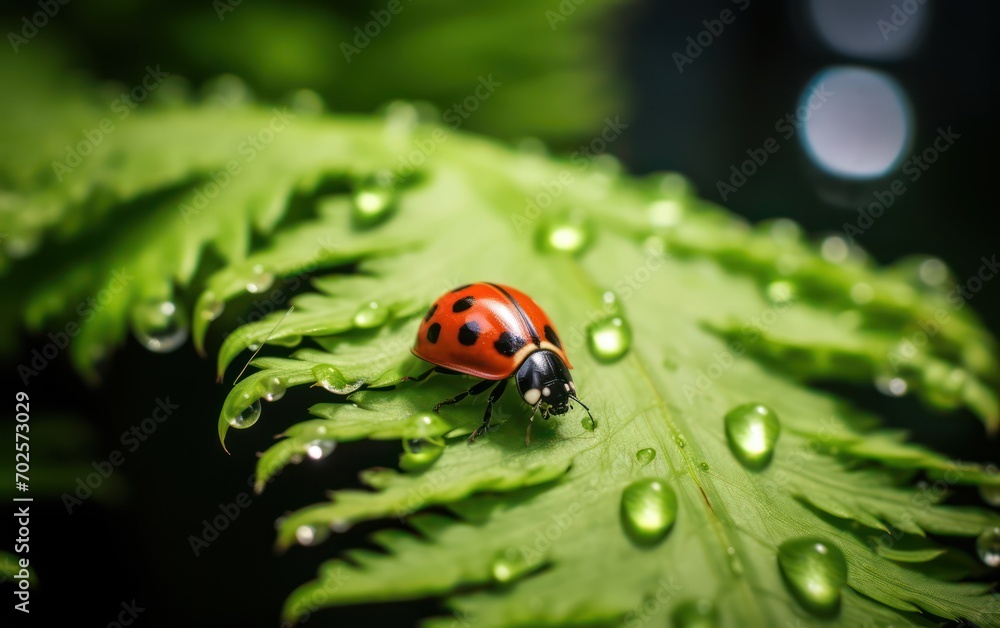 Fototapeta premium Zoomed In Shot, Ladybug Sitting on a Leaf