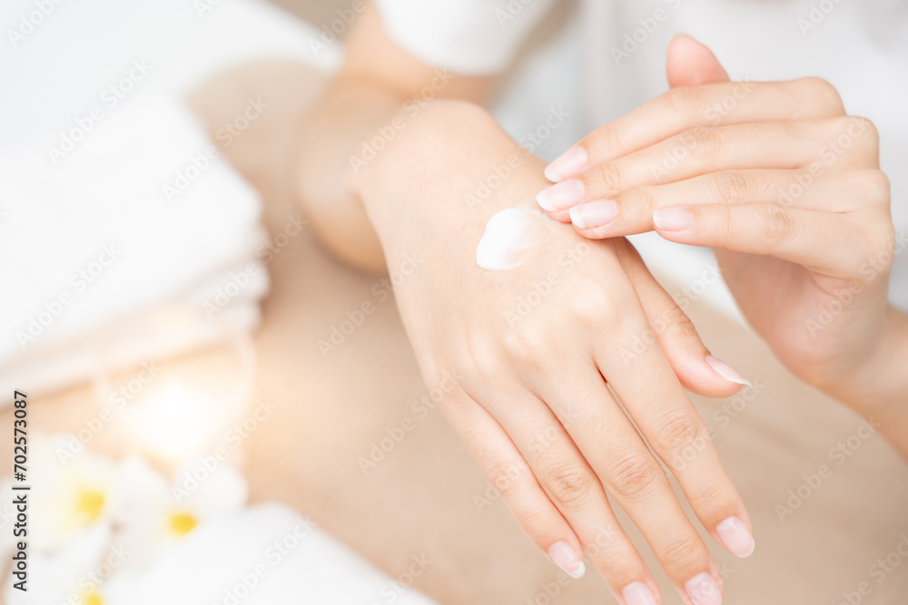 spa and treatment skin hand, Woman applying organic moisturizing hand cream, hand skin care concept, winter, female skin protection, beautiful woman skin care with hand cream, lotion on hands