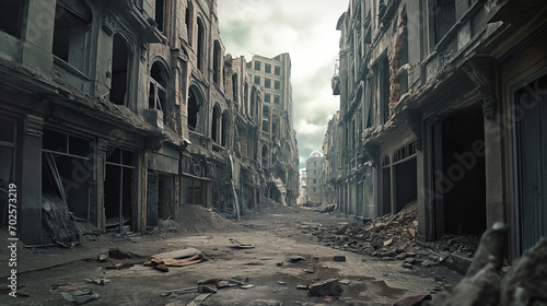 streets of a destroyed city after the bombing, military operations