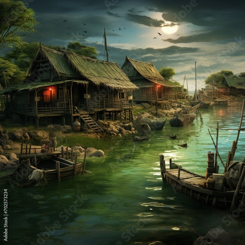 Ancient fishing green village images Generative AI