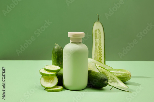 On a green background, an unlabeled cosmetic bottle and fresh cucumbers are displayed. Ideal space for advertising beauty products with natural extracts.