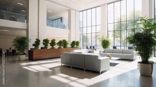 Modern corporate office reception lobby without people bright environment. Copy space for text.