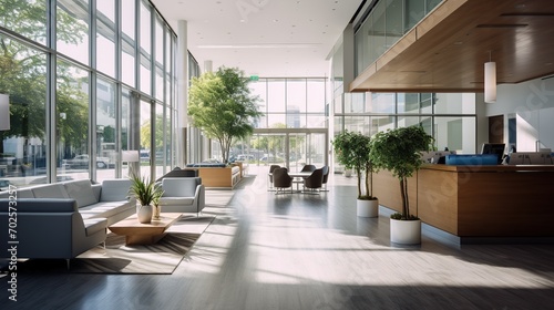Modern corporate office reception lobby without people bright environment. Copy space for text.