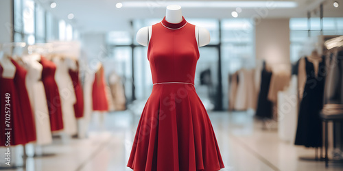 classic evening dress in red colors on a mannequin in a minimalist style. 