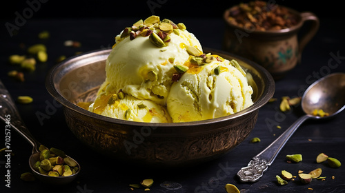 saffron pistachio ice cream in an exotic indian palace photo