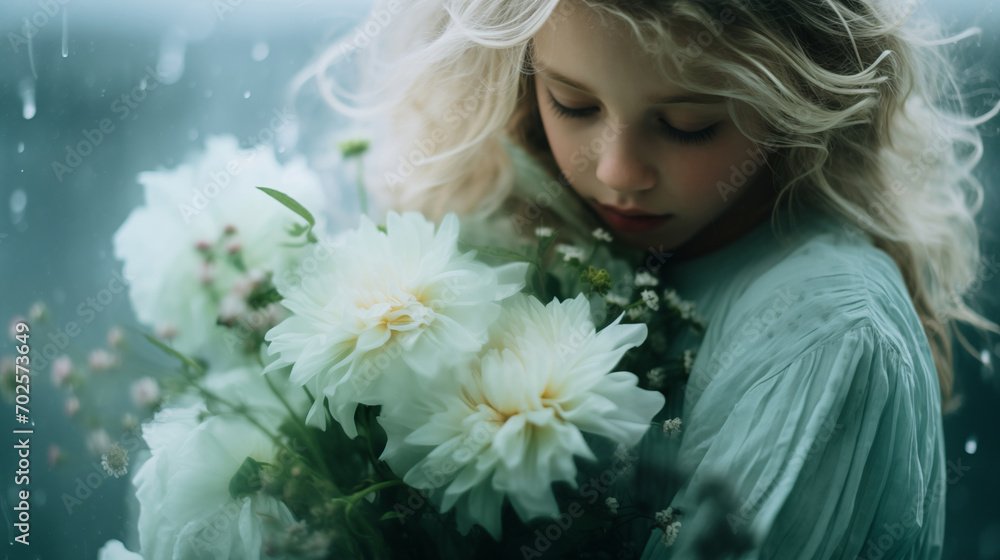 A photo of a little blonde girl is holding and smelling a bouquet of white flowers in a vintage retro style in green and blue colors. For postcard, card, banner.