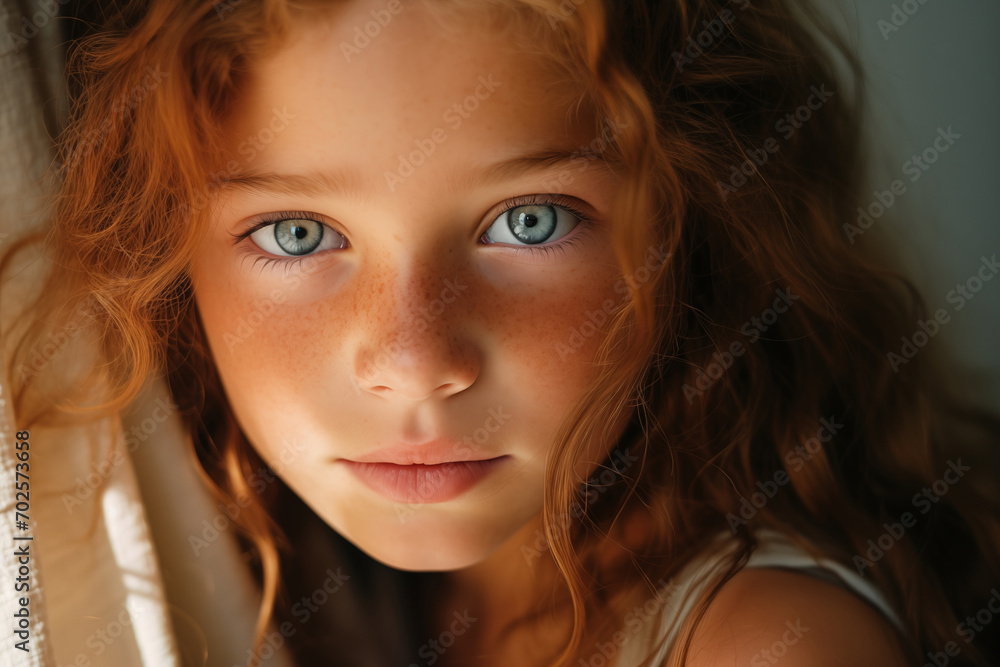 A close-up portrait of a beautiful little girl with curly red hair and blue eyes looking at the camera with a shy smile. A close-up portrait of a beautiful little girl with curly red hair and blue eyes looking at the camera with a shy smile.