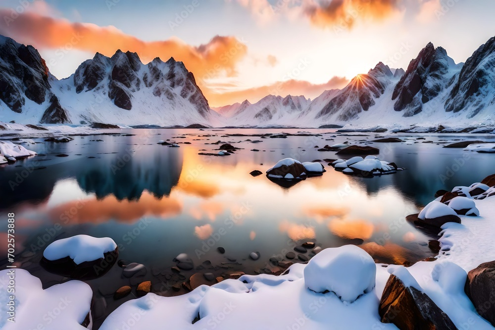 Beautiful snowy mountains and colorful sky with clouds and golden sunlight at sunset in winter in Lofoten islands, Norway. Landscape with rocks in snow, sea coast, reflection in water, overcast sky