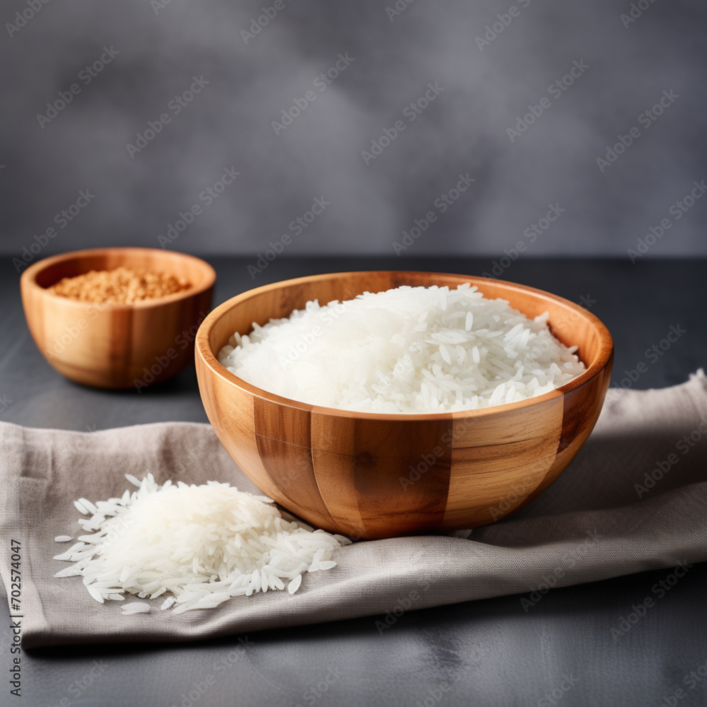 White rice in a wooden bowl on a dark table White rice in a wooden bowl on a dark table