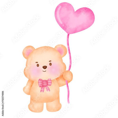 Hand painted watercolor teddy bear with heart balloon  for Valentine's day card or romantic post cards.