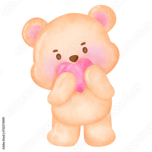 Hand painted watercolor teddy bear with  heart  for Valentine's day card or romantic post cards.