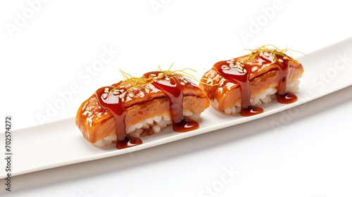 Foie Gras Spicy Sushi in a plate on a plain white background. Image of Japanese food. High quality photo. copy space for text.
