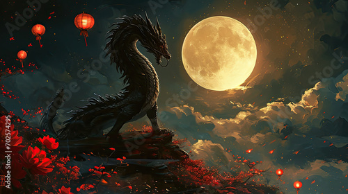 Illustration of a black dragon standing on hill in black night in front of full moon surrounded red flowers and lanterns. Chinese characters