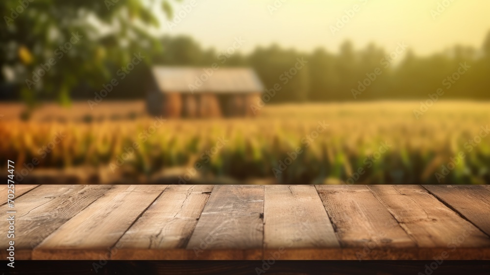 The empty wooden brown table top with blur background of farm and barn. Exuberant image. generative AI - obrazy, fototapety, plakaty 