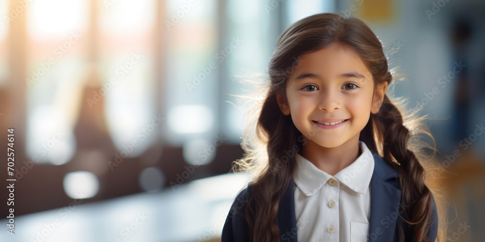 A smile lights up the little schoolgirl face A smile lights up the little schoolgirl face