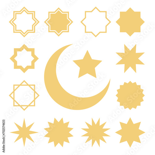 Islamic crescent and stars symbol icon set. Ramadan celebration geometric design elements. Muslim template vector illustration