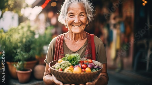 Smiling mature woman holding a colorful and delicious buddha bowl in her hands