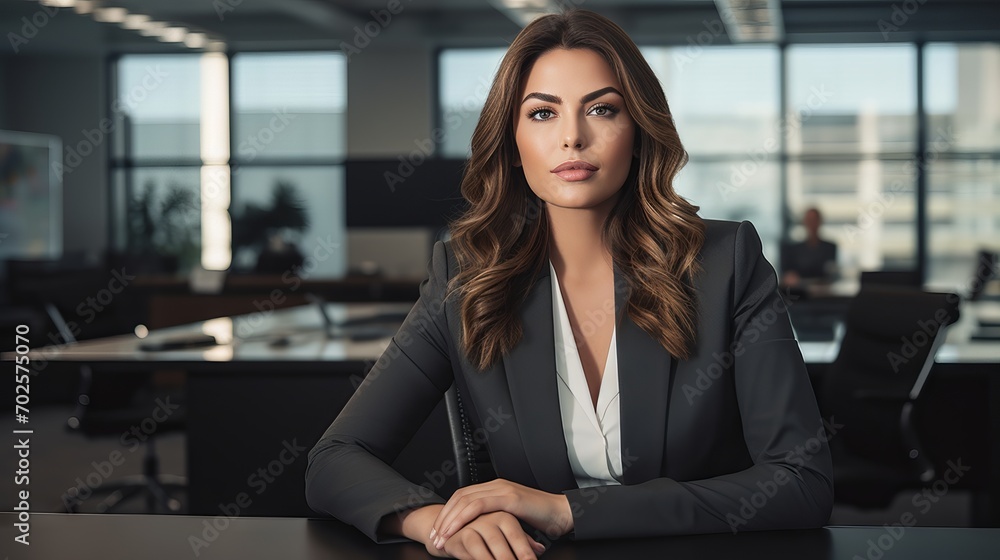 Confident and smiling business woman in formal attire posing in modern office with blurred background Confident and smiling business woman in formal attire posing in modern office with blurred background