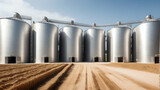 Agricultural silo storage feed for animal. Big tank for store grain in feed manufacturing.
