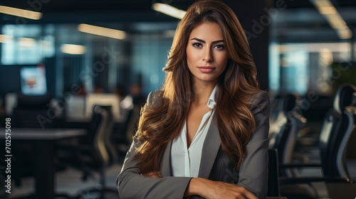 Confident and smiling business woman in formal attire posing in modern office with blurred background