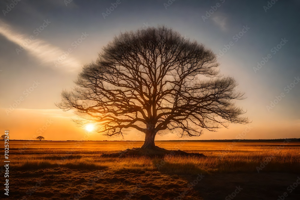 A majestic lone tree stands in an open field with the setting sun casting its fiery glow through the branches.