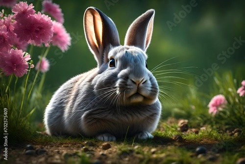 an image of playful bunny in garden.