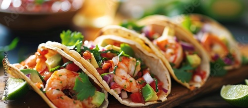 Mexican cuisine: Shrimp tacos with salsa, veggies, and avocado.