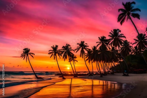 A tropical beach scene at sunset with a vibrant palette of colors. 