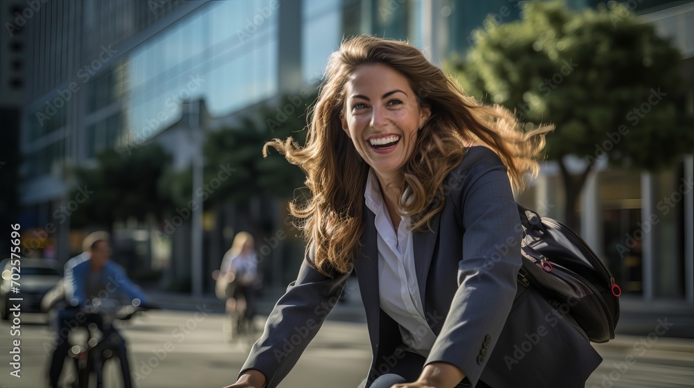 Joyful businesswoman commuting on a bicycle to work in urban setting - city lifestyle and sustainable transportation concept