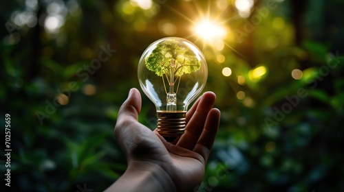 Hand holding light bulb against nature on green leaf with energy sources, Sustainable development and responsible environmental, Energy sources for renewable. Image of lighting.