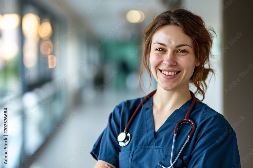 Portrait of a smiling female caucasian nurse in a hospital hall. AI generative Portrait of a smiling female caucasian nurse in a hospital hall. AI generative