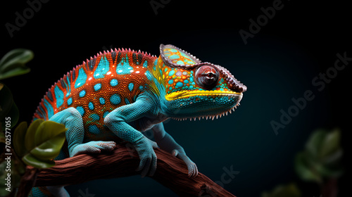 Photo a colorful chameleon with a red and blue face sits on a branch, generative ai © Chaman