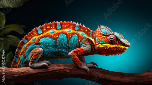 Photo a colorful chameleon with a red and blue face sits on a branch, generative ai photo