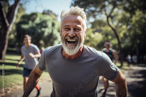 A happy man is jogging in the park.