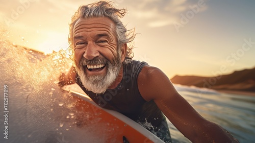 Happy fit senior having fun surfing at sunset time - Sporty bearded man training with surfboard on the beach. Image of senior so happy to play