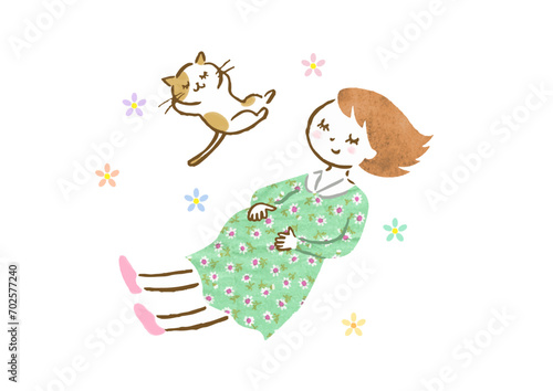 幸せそうに浮かぶリラックスした妊婦さんのイメージと猫の手描きイラスト