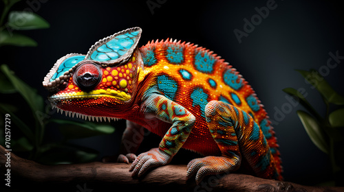 Photo a colorful chameleon with a red and blue face sits on a branch, generative ai photo