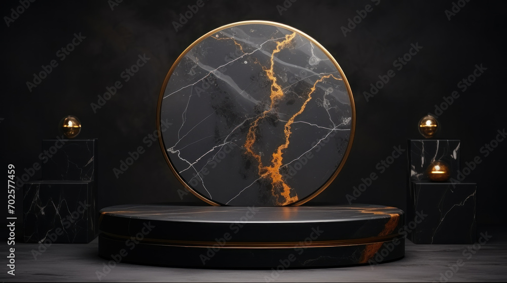 Luxury black gold stone as podium made of natural display. Futuristic Natural showcase scene for presentation placement premium product trendy fashion, cosmetic or beauty promotion. Generative AI