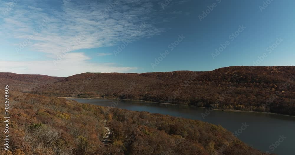 Fall Foliage Over Forest Of Lake Fort Smith State Park In Crawford County, Arkansas, United States. Aerial Drone Shot Fall Foliage Over Forest Of Lake Fort Smith State Park In Crawford County, Arkansas, United States. Aerial Drone Shot