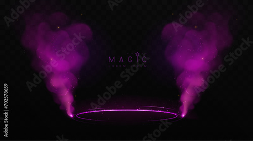 Magic purpure glittering shiny trail with neon stage. Flows of realistic violet smoke or clouds isolated on black background. Vector illustration