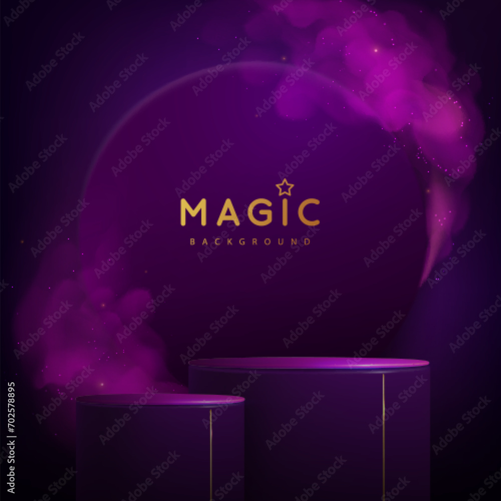 Magic violet showcase background with 3d podium and purpure fog or steam. Glowing shiny trail. Vector illustration