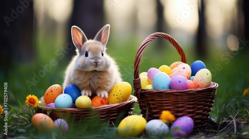 A cute Easter bunny in a meadow among blooming flowers and with colored eggs in a basket  a spring day during the Easter holidays.