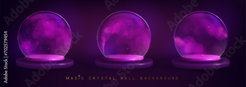 Set of magic crystal glass balls with flowing violet smoke or steam inside. Vector illustration