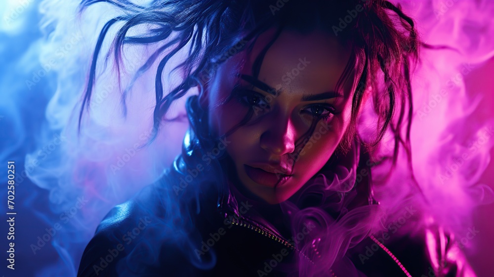 Portrait of Woman ,Cyberpunk Style , beautiful detailed face and gorgeous expressive , dynamic action pose amongst neon and smoke, studio light. High quality image.