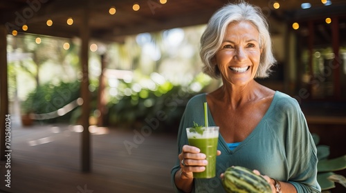 Senior woman enjoying a fresh green smoothie on a sunny day photo