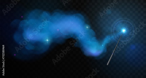 Magic wand with blue glowing shiny trail isolated on black transparent background. Vector illustration